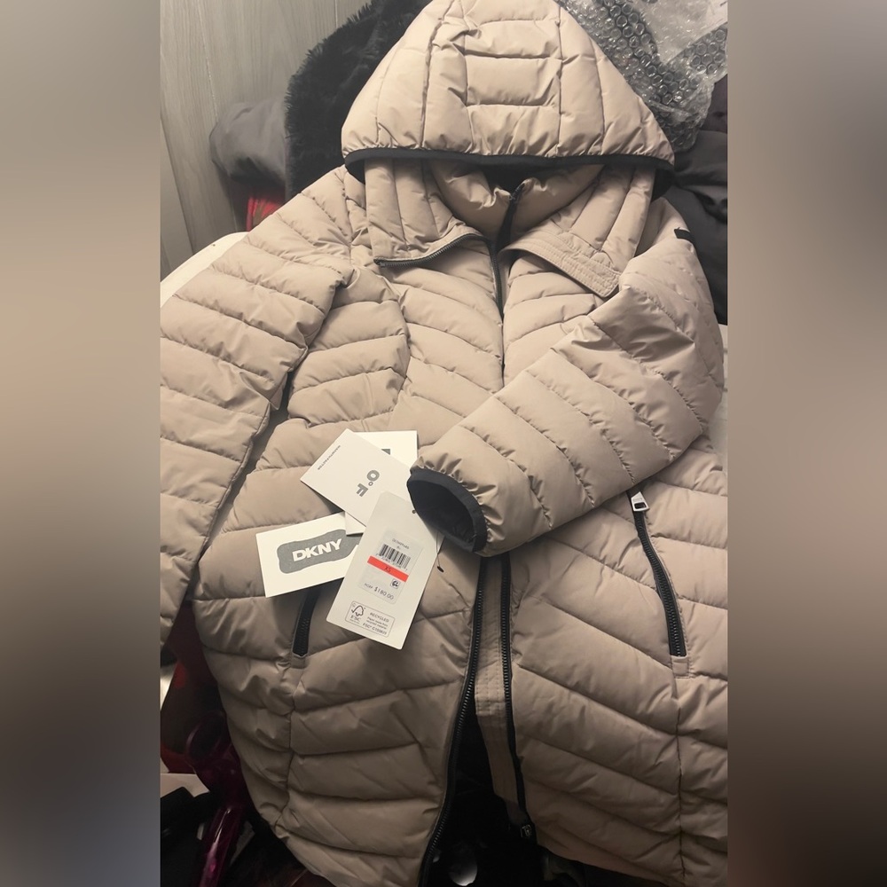 DKNY Tan Quilted Puffer Jacket with Water-Resistant Fabric